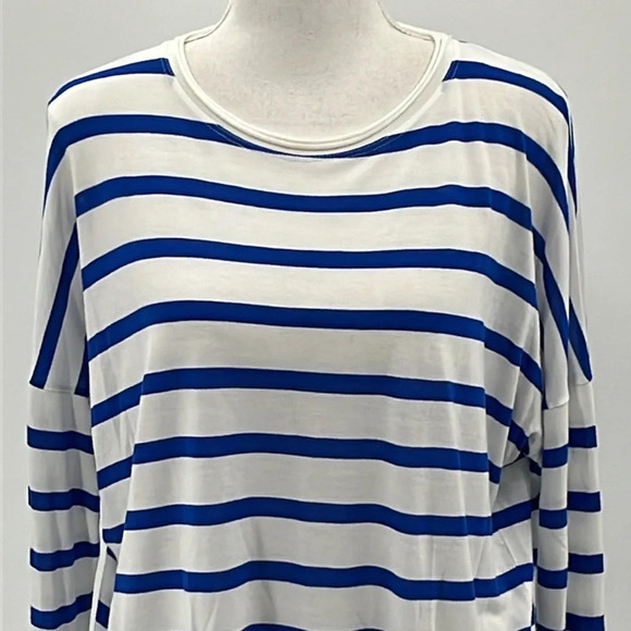 Vince Striped Drop Shoulder Long Sleeve Viscose T Shirt in Blue/White - Small - Picture 2 of 6